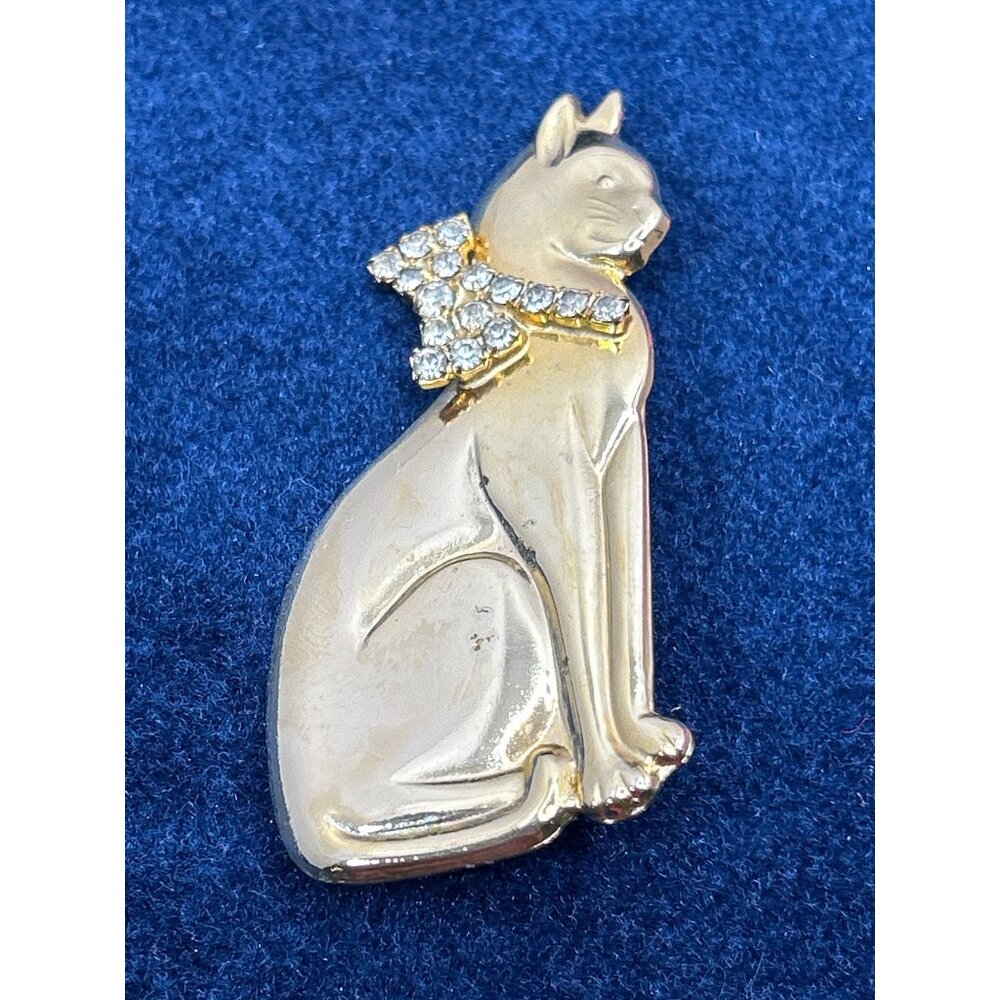 Gold-Tone Cat Brooch Pin With Rhinestone Collar